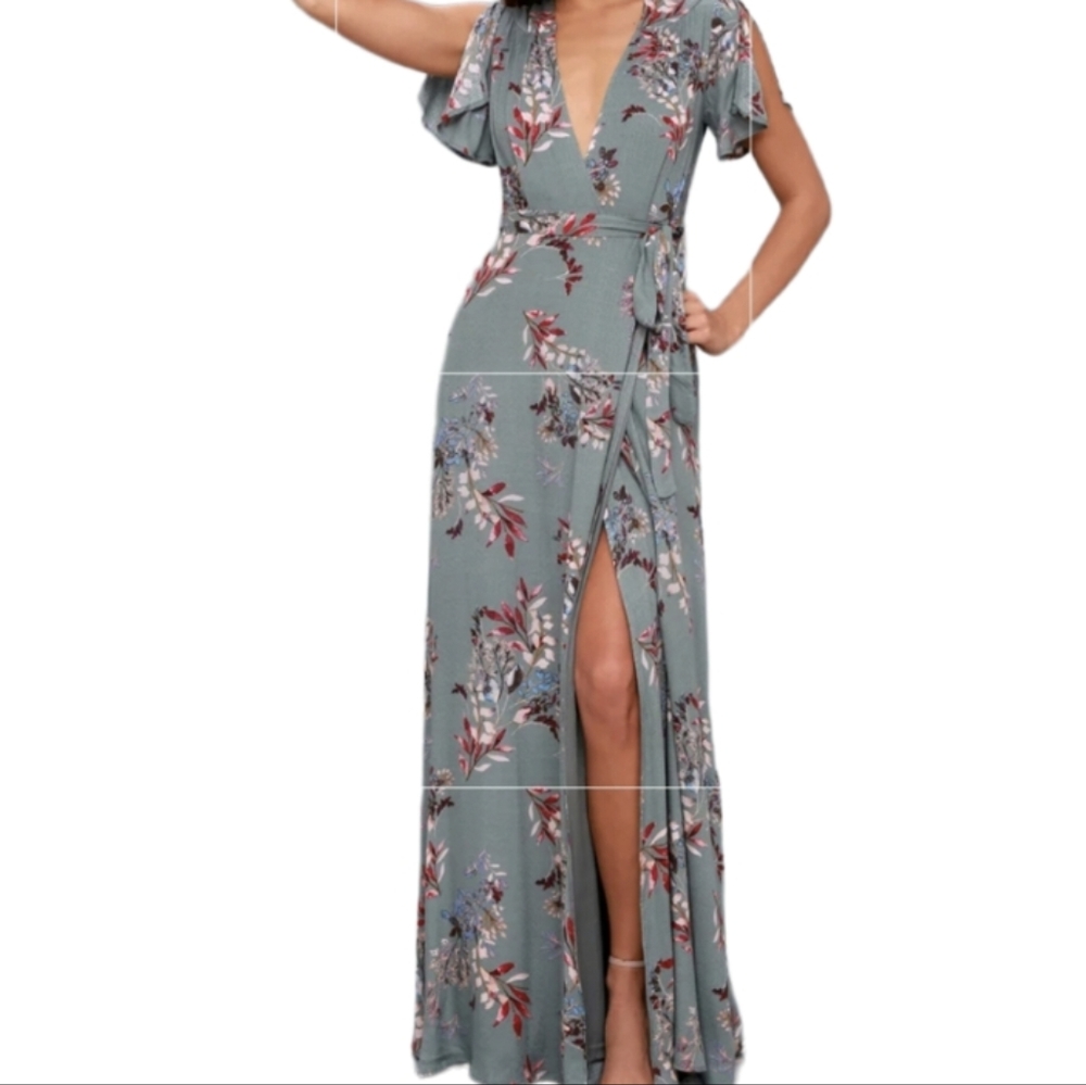 Lulus Fiorire Slate Blue Floral Print Wrap Maxi Dress Size Medium